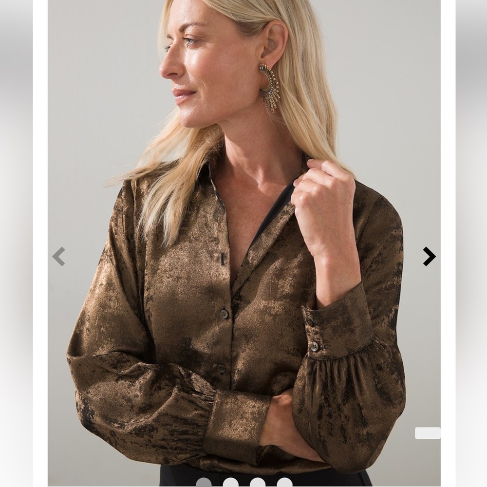Chico’s Brown Shimmery Billow Sleeve Button Down Blouse Size L